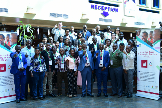 IGE Fellows in a group photo with the Vice Chancellor Prof. Barnabas Nawangwe after the opening ceremony at Entebbe Botanical Beach Hotel on 21st April 2026