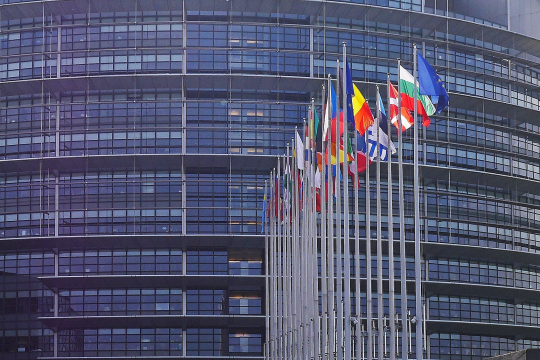 European Parliament with flags