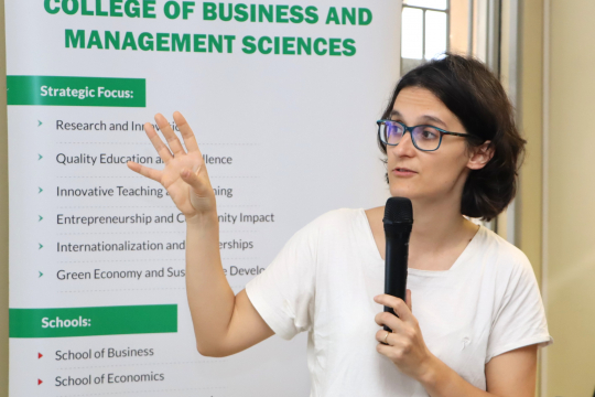 Associate Professor Nathalie Ferriere presenting study findings at Makerere University  Uganda: Photo by Jane Anyango