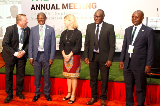 Prof. Gunnar Köhlin, Prof. Barnabas Nawangwe, Amb. Maria Håkansson, CommissionerJulius Mafumbo and Prof. Edward Bbaale posing for a group photo before the opening: Photo by EfD-Mak Centre