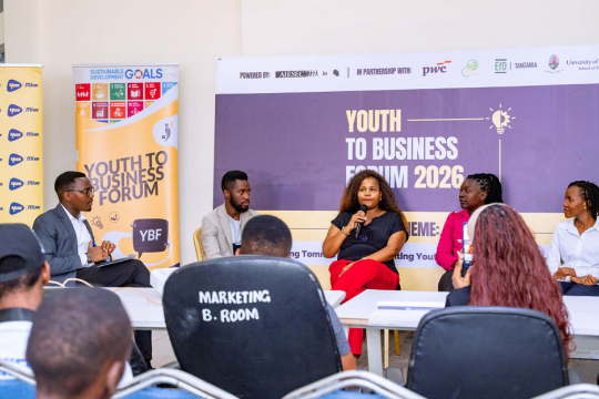Panelist discussing the topic From Potential to Prosperity: Building the Ecosystems That Scale Youth Innovation in Tanzania. Photo by Deborah Loy.