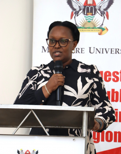 Director Strategy and Innovation Bank of Uganda Ms Prisca Ampumuza Rwamahe addressing participants