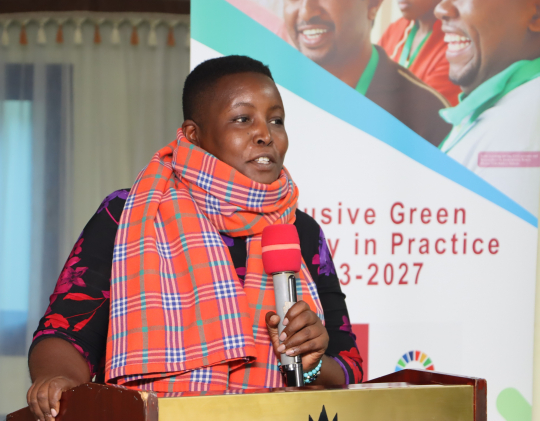 Elizabeth Kebirungi addressing IGE Fellows during the  cross country peer learning workshop in Entebbe on 21st April 2026: Photo by Jane Anyango