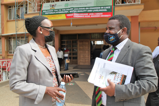 Mak Deputy Vice Chancellor (Finance and Administration) Prof. Josephine Nabukenya interacting with Deputy Director, Directorate of Research and Graduate Training, Prof. Robert Wamala.jpg