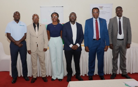 Prof. Edward Bbaale (2nd )with the panelists after the discussion.