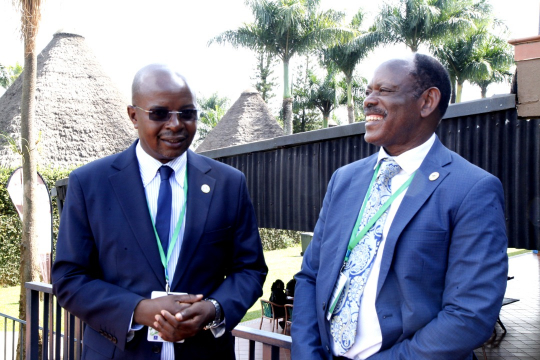 Prof. Edward Bbaale and Prof. Barnabas Nawangwe interacting after the opening session