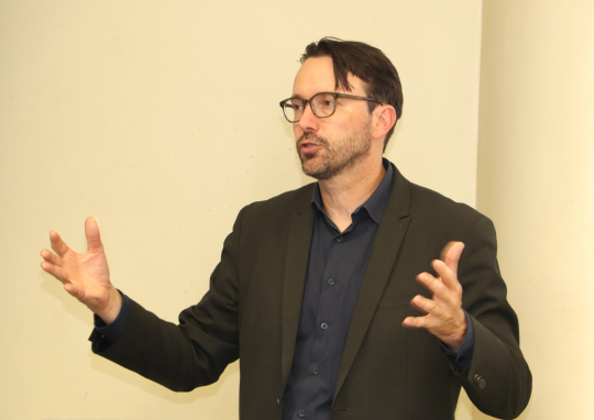 Mark Purdon presenting the research findings at Makerere University: Photo by Jane Anyango