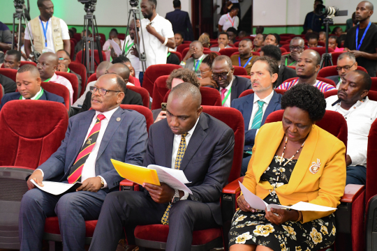Vice Chancellor Prof. Barnabas Nawangwe (L) and Environment Minister Beatrice Anywa (R) during the symposium in the Main Hall Makerere university