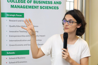 Associate Professor Nathalie Ferriere presenting study findings at Makerere University  Uganda: Photo by Jane Anyango